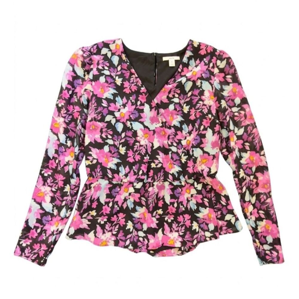 Bar III Floral Faux Wrap Peplum Top Black Pink Blue Sheer Sleeve S EUC - Picture 1 of 7